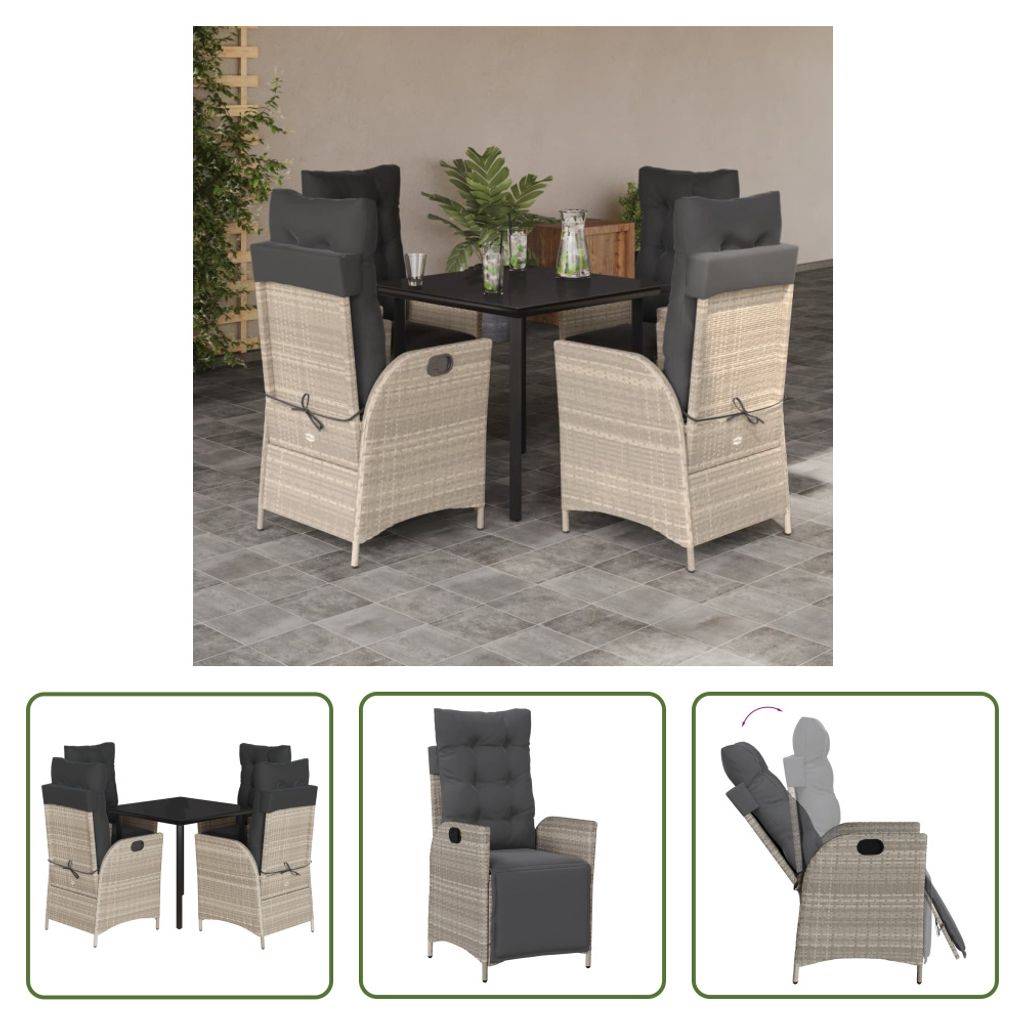 The Living Store 5-tlg. Garten-Essgruppe mit Kissen Hellgrau Poly Rattan