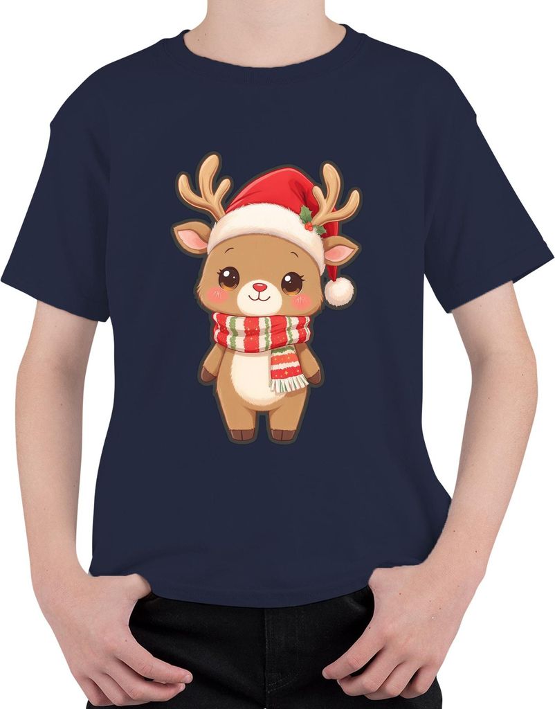 Süßes Rentier Weihnachten Kinder Kawaii Santa Mütze Schal Festlic Uni Kinder T-Shirt, Navy, 140