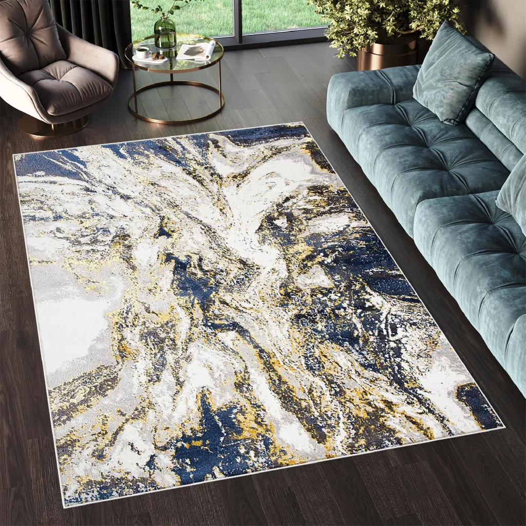 Tapis de Salon Vintage Gris et Bleu avec Motifs Dorés 80 x 150 cm