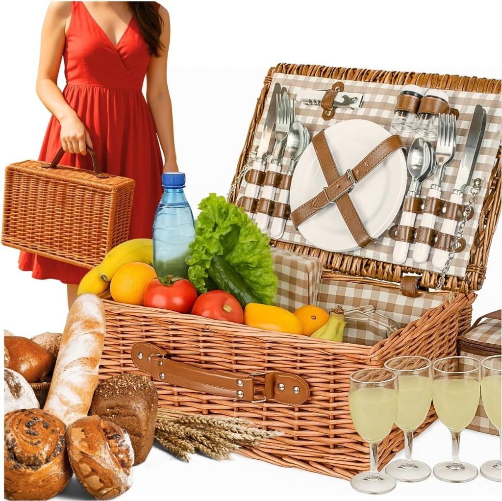 Cesto da picnic in vimini intrecciato per 4 persone, borsa Immagine del prodotto 