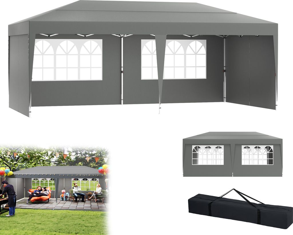 UISEBRT Faltpavillon Pavillon Faltbar 3x6 m Gartenpavillon Gartenzelt höhenverstellbar wasserdicht UV-Schutz Partyzelt für Garten mit Tasche Grau...
