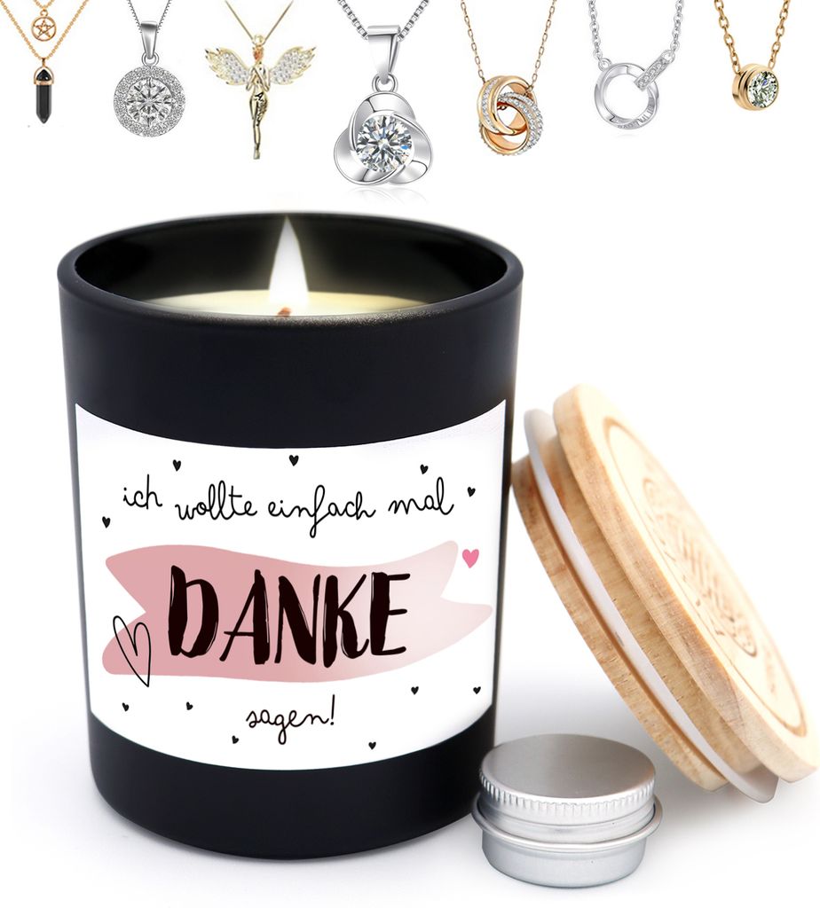 Schmuckkerze "Danke", Geschenke Freundin, Geschenk für Frauen, Duftkerzen im Glas mit Schmuck, K001