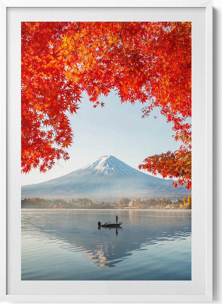 Landschaft des Mount Fuji unter einem roten Baum– Wandbild mit Rahmen – Gerahmtes Bild – Wanddekoration – 70x100 cm – Weiß Rahmen
