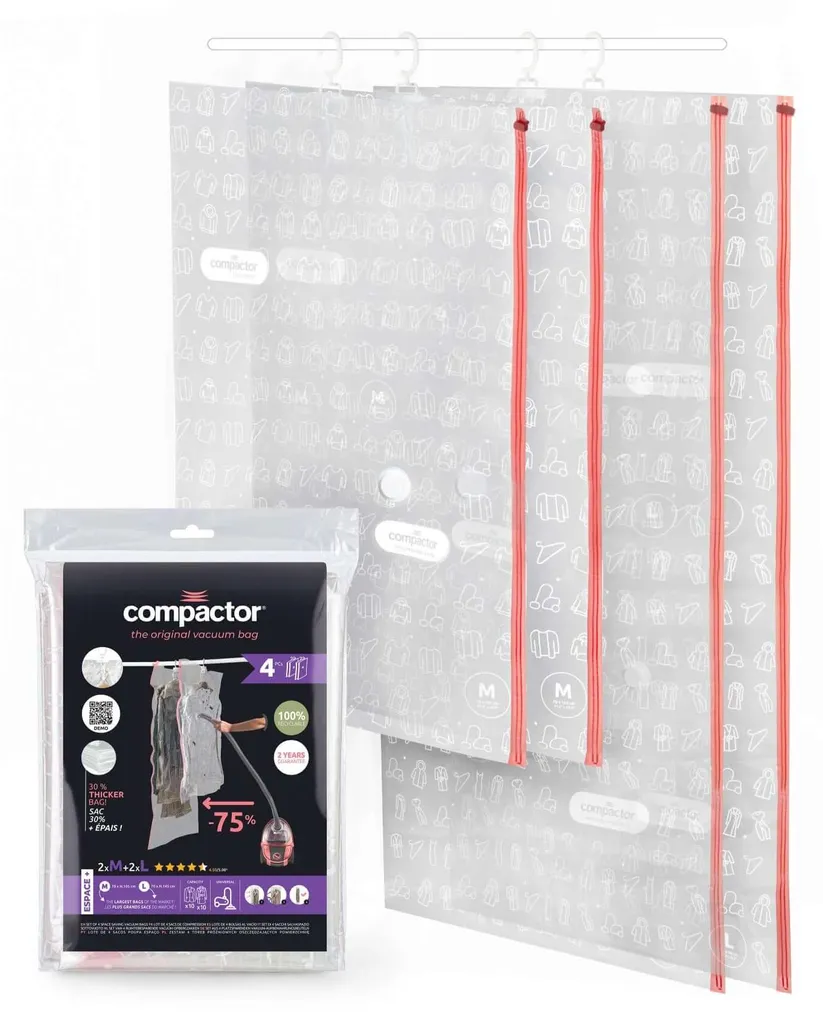 Compactor Lot de 4 Sacs de Rangement Sous Vide à Suspendre 70x145cm