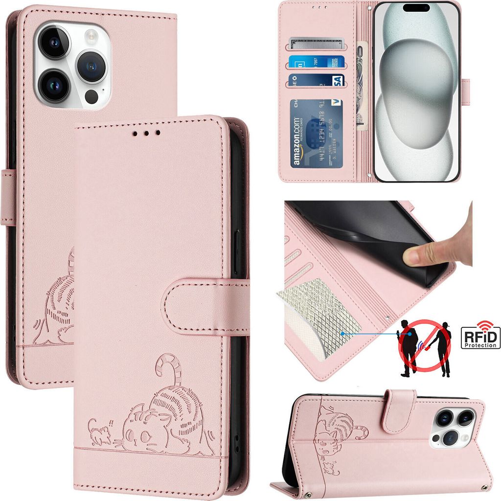 Leder Hülle für iPhone 15 Pro Max Süße Katze Flip Case Brieftasche Schutzhülle mit Standfunktion Pink