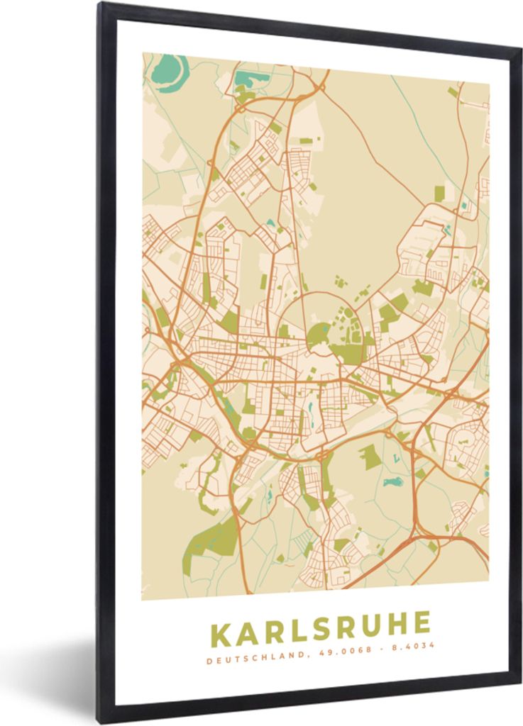 MuchoWow Gerahmtes Poster Stadtplan - Karlsruhe - Vintage - Stadtplan 20x30 cm - Poster mit Schwarzem Bilderrahmen Wandposter Rahmen Foto Bilder ...