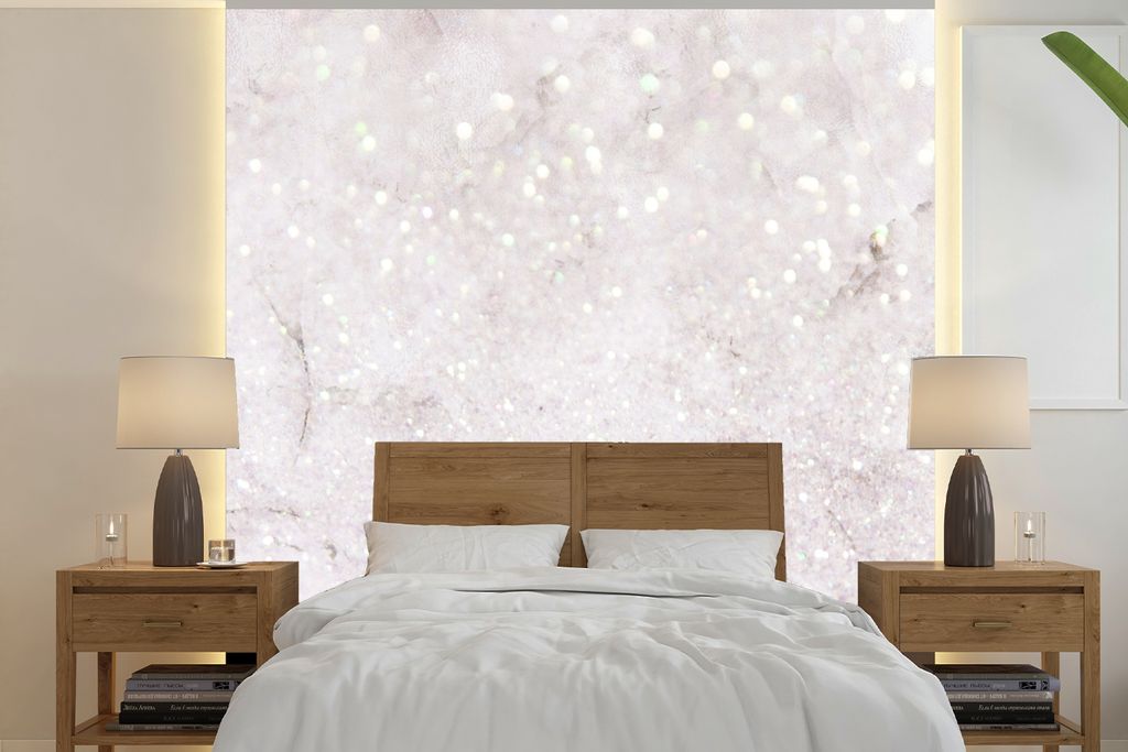 MuchoWow Fototapete für Wohnzimmer oder Schlafzimmer Wandtapete Vinyl Motivtapete Marmor - Weiß - Glitter - 240x240 cm - Schlafzimmer-Tapete