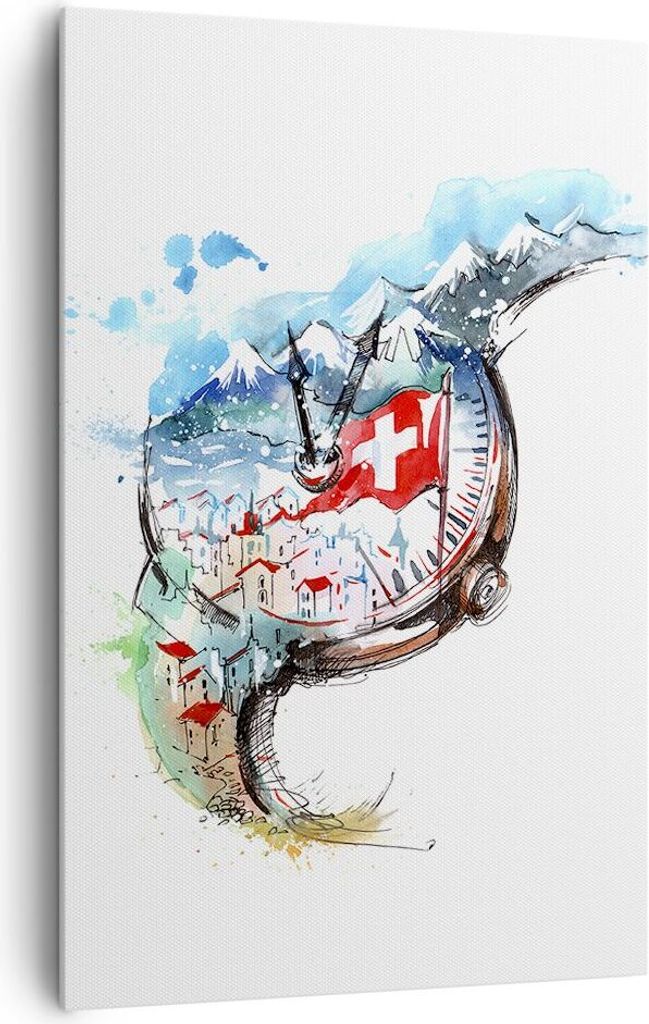 Bild auf Leinwand - Leinwandbild - Einteilig - Uhr Schweizer Alpen Wolke - 80x120cm - Wand Bild - Wanddeko - Wandbilder - Leinwanddruck - Wanddekor...