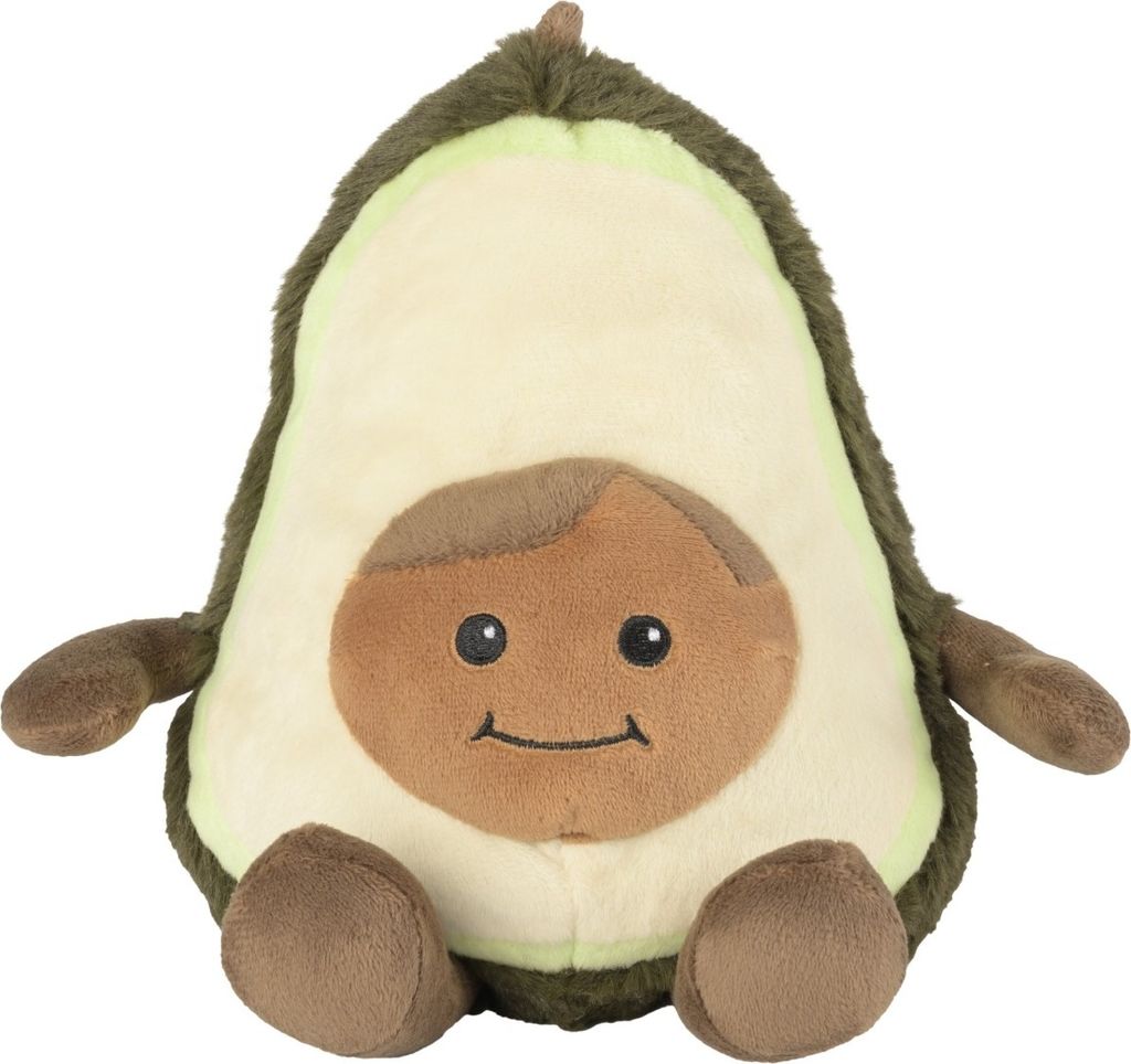 A plush toy avocado is shown from the front against a white background.