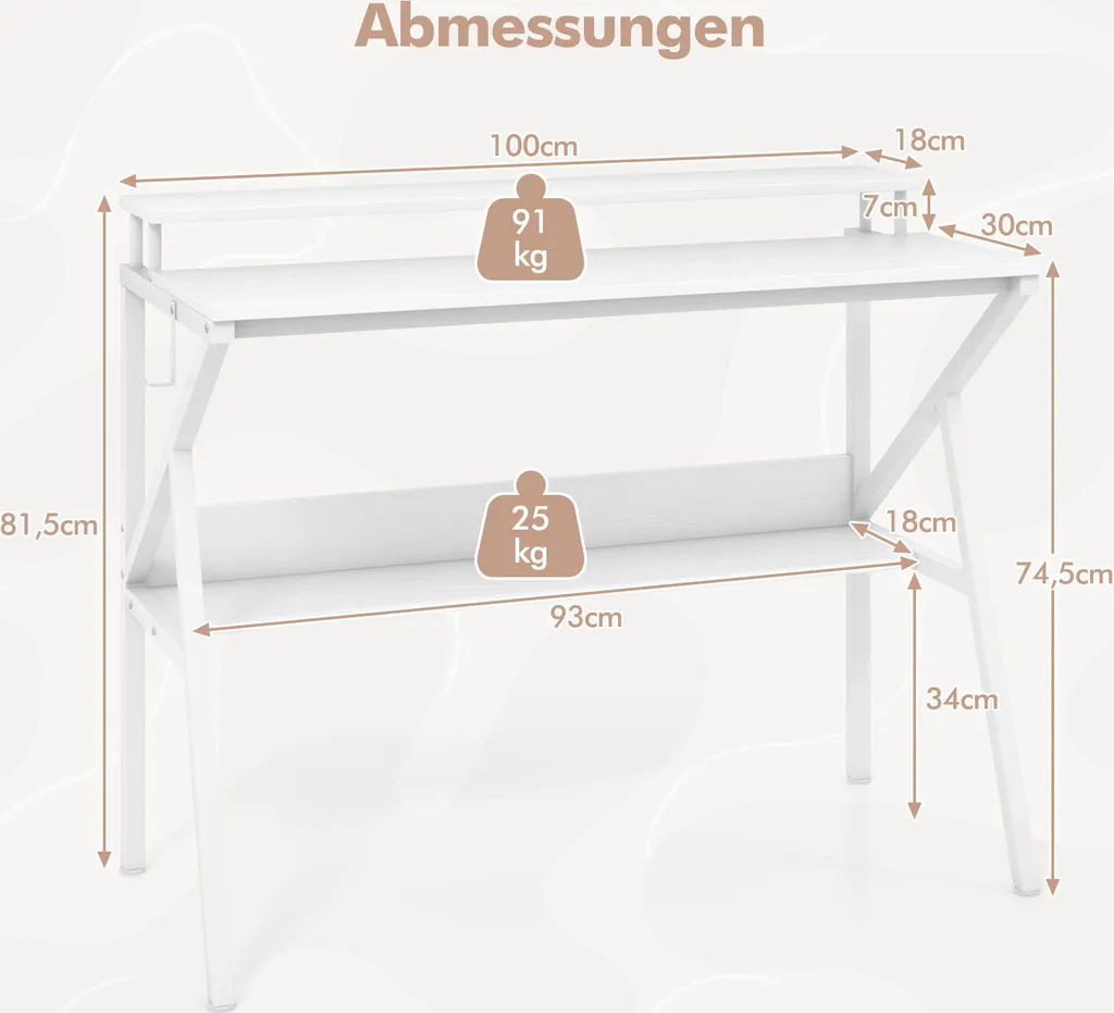 Table d'ordinateur 100x50cm pour petit espace - Bureau blanc avec rangements