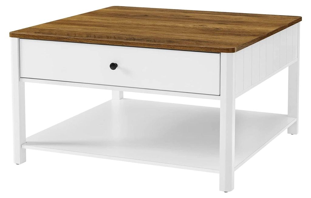 Couchtisch mit 2 großen Schubladen, maritimer Stil, 80 x 80 x 45 cm, walnussbraun-weiß