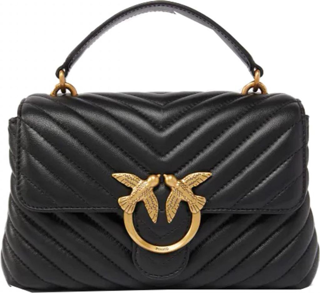 A black quilted leather handbag with gold bird clasp.