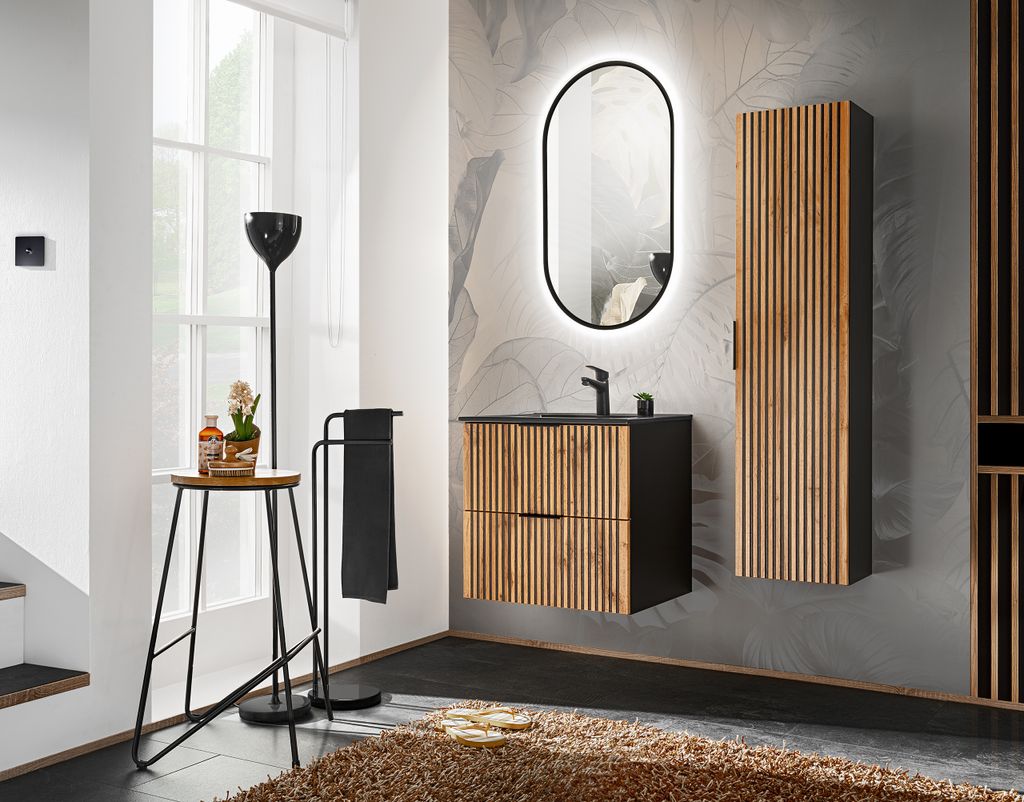 Design Badmöbel Set XILO 60 cm mit Waschbecken schwarz LED Soft-Close komplettes Badmöbel Set