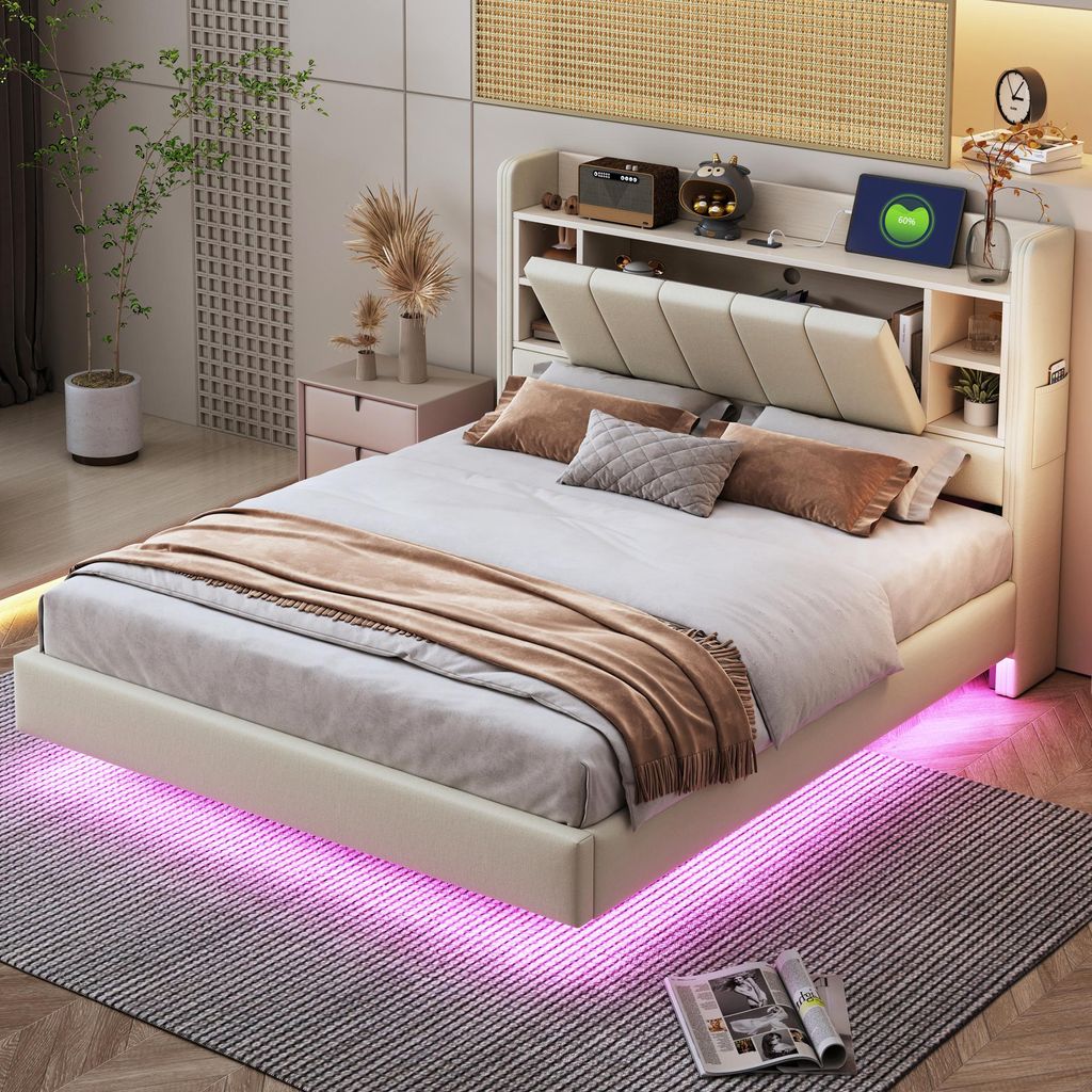 MODFU Lit Double 140x200 cm - Lit Moderne avec LED, Ports Image du produit 