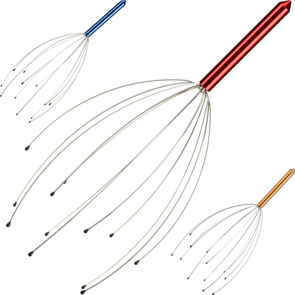 Three head massagers with different colored handles are arranged on a white background.