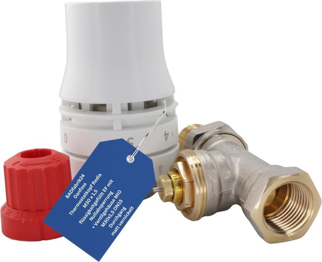 BADfabrik24 Danfoss Thermostatkopf Redia M30 x 1,5 flüssigkeitgefüllt EF mit Nullabsperrung + Ventilgehäuse MIO M30x1,5,DN15 R 1/2, Durchgang, ...