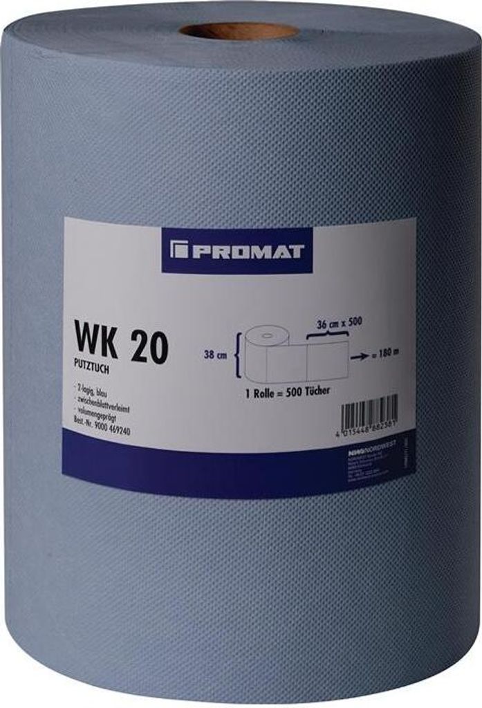 Putztuch WK 20 L380xB360ca. mm blau 2-lagig, volumengeprägt 500 Tücher / Rolle / VE2 PROMAT