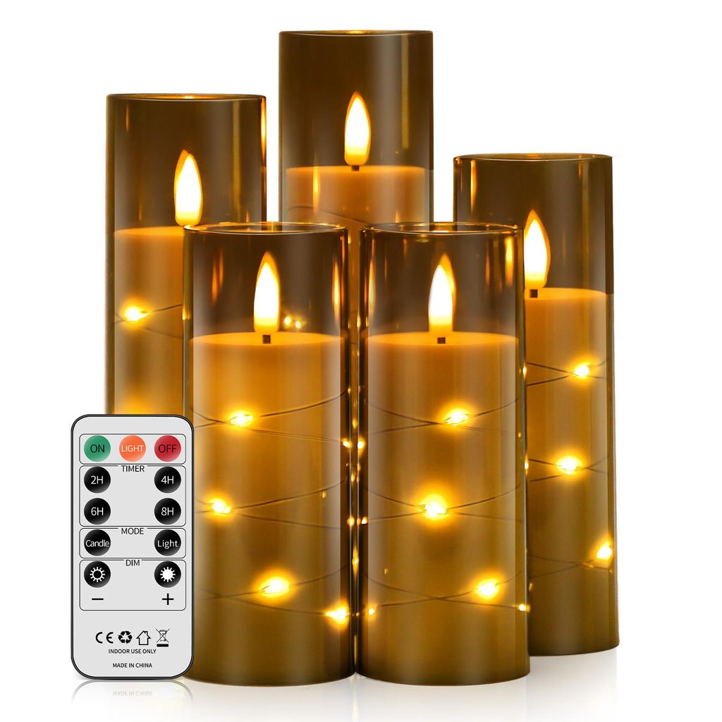 5 Stück LED Kerzen Lichterkette mit Fernbedienung & Timer, Batteriebetriebene Kerzen Dimmbar Eingebaute Lichterkette Kerzen Acryl Flammenlose Kerzen