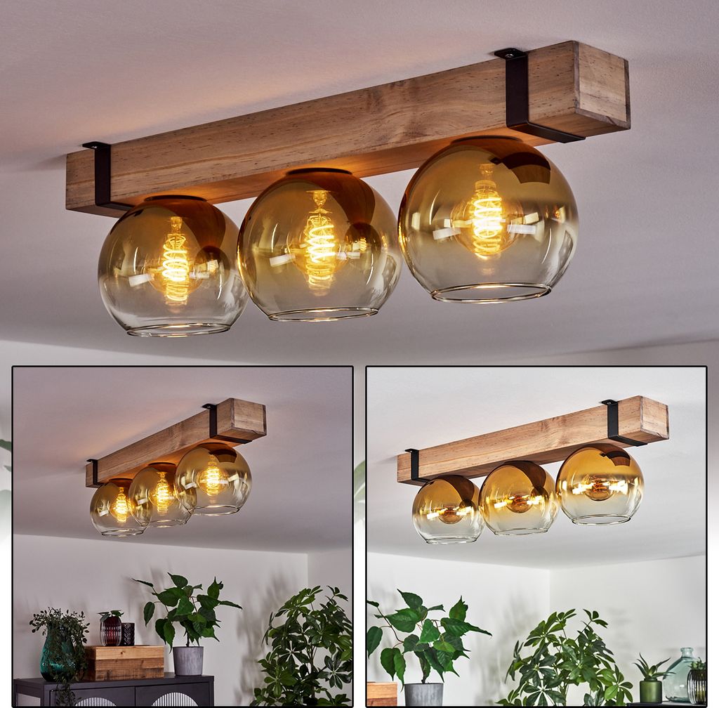 Bollengo Deckenlampe aus Metall/Holz/Glas in Schwarz/Natur/Goldfarben/Klar