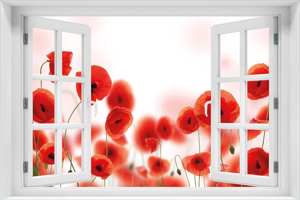 Wallario Poster mit Fenster-Illusion: Leuchtende Mohnblumen - Rote Mohnblumenblüten, Größe: 61 x 91,5 cm (Maxiposter)