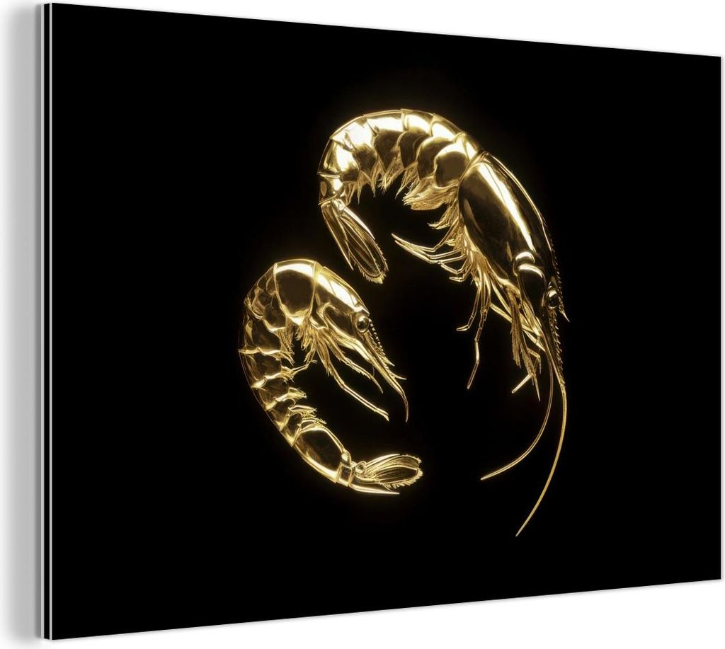 MuchoWow Wanddekoration Metall Metallbild Wandkunst 120x80 cm Shrimps - Schwarz - Gold - Tiere MuchoWow Aluminium Gemälde - Alu Bild