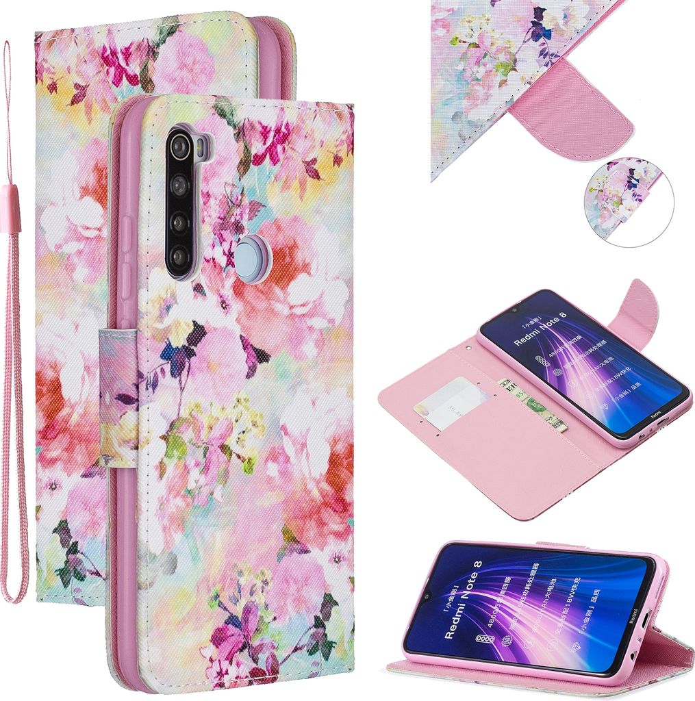 Für Redmi Note 8/8 Pro Handyabdeckung Stand Funktion Geldbörse Design Kunstleder Smartphone Shell Elegante Muster gedruckt Aquarell Blume