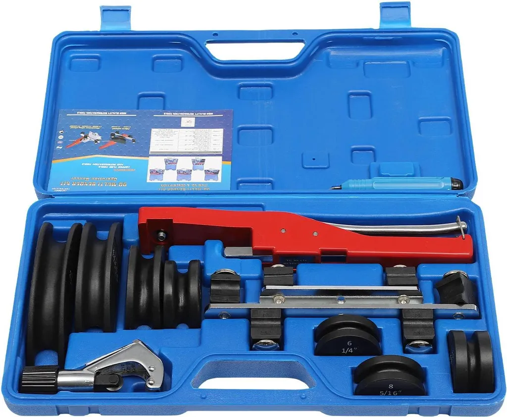 Set per piegare tubi con taglierina - CT-999 Piegatubi - 6–22 mm - 7 teste di piegatura - Meccanismo a cricchetto - 90° max - Portatile - Acciaio - Metallico