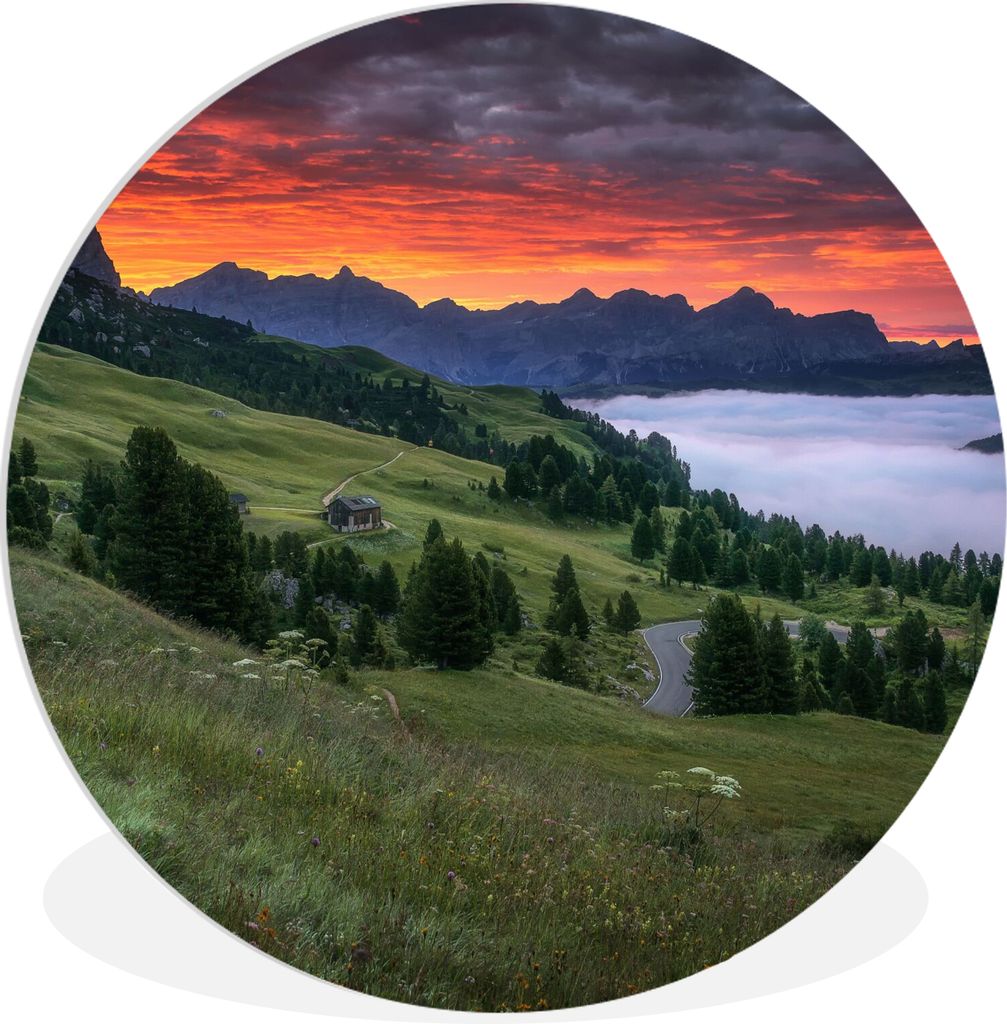 MuchoWow Rundes Wandbild - Runde Bilder Gras - Berge - Abend Ø 30 cm Kreis Wanddekoration Kunststoff - Wandkreis - Wandschmuck - Schlafzimmer - ...