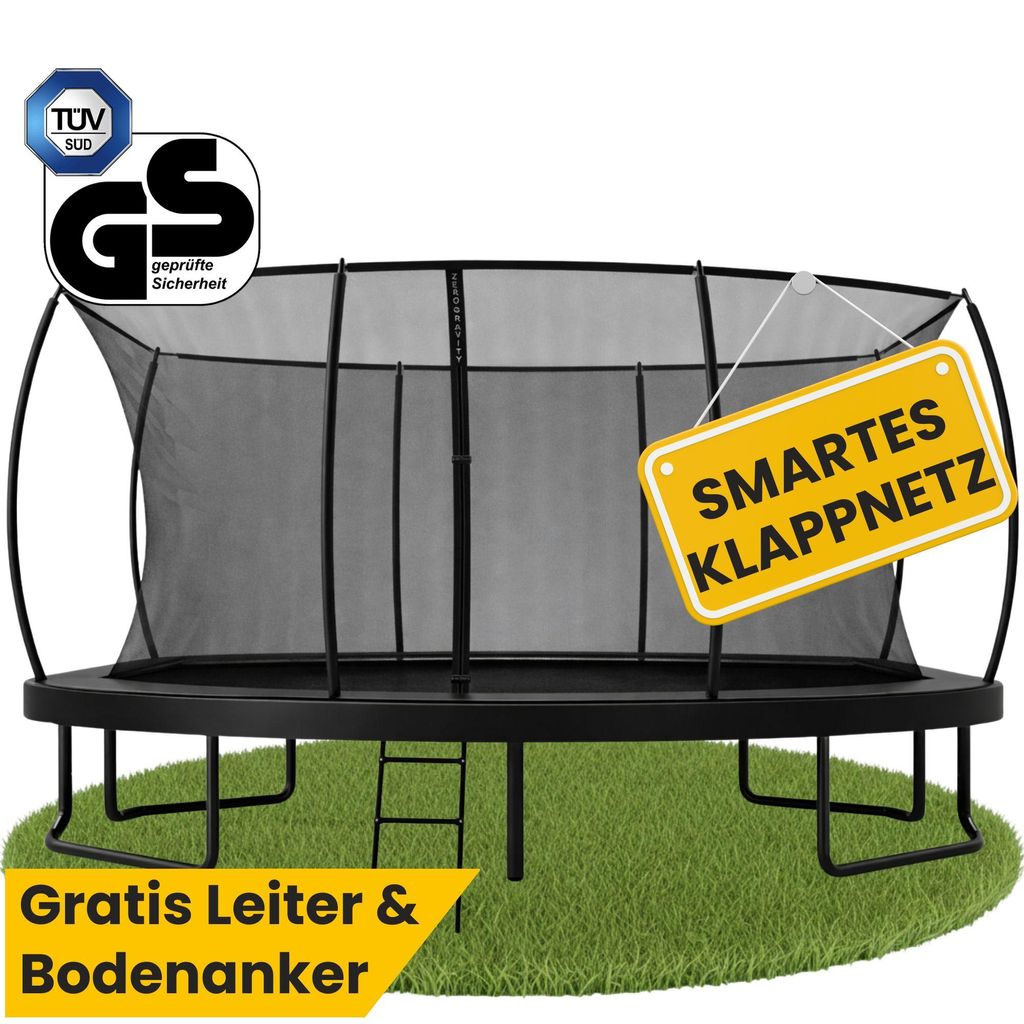 Zero Gravity Trampolin 457x305 cm inkl. Leiter & 4 Bodenanker / Schneller Auf- und Abbau dank smartem Klappnetz / Max. 130 kg / Ultima 5 Black-Edition