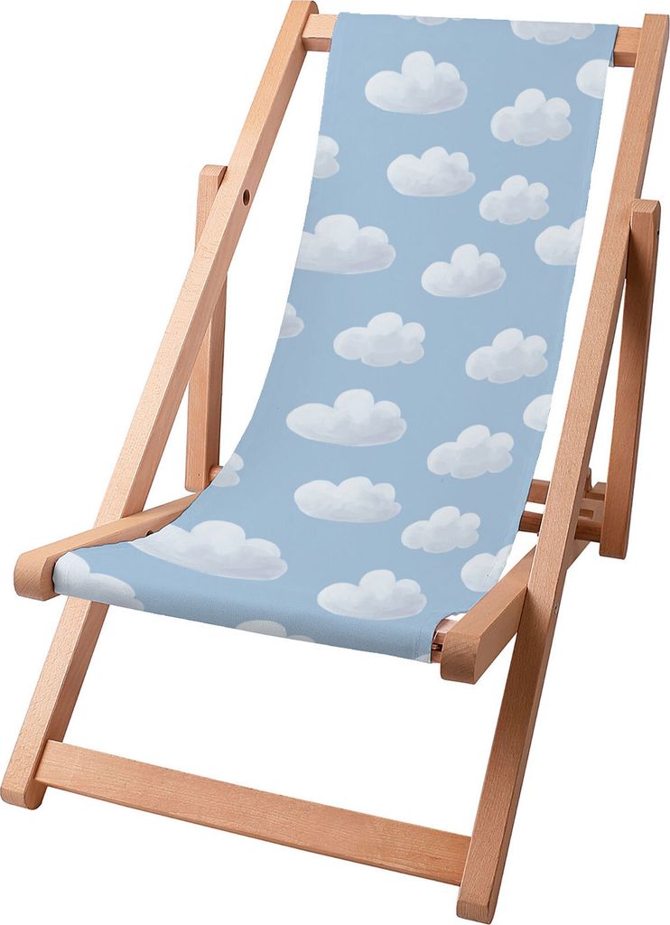 A wooden deck chair with a blue fabric seat featuring a cloud pattern, isolated on a white background.