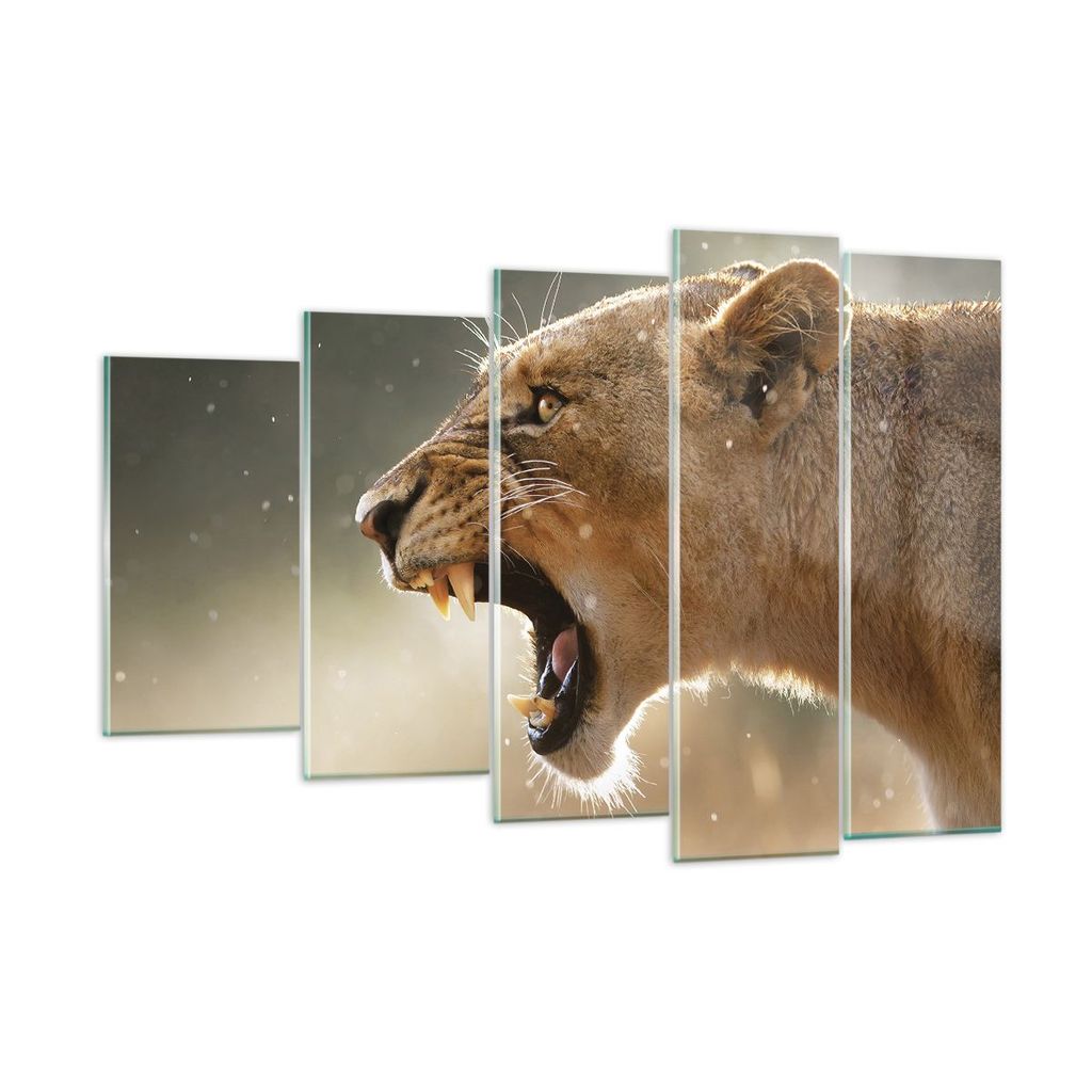 Bilder auf glas - 5 Teile - Löwe Löwin Reißzähne - 150x100cm - Glasbilder - Wandbilder - Bilder - zum Aufhängen bereit - Wanddekoration aus Gl...