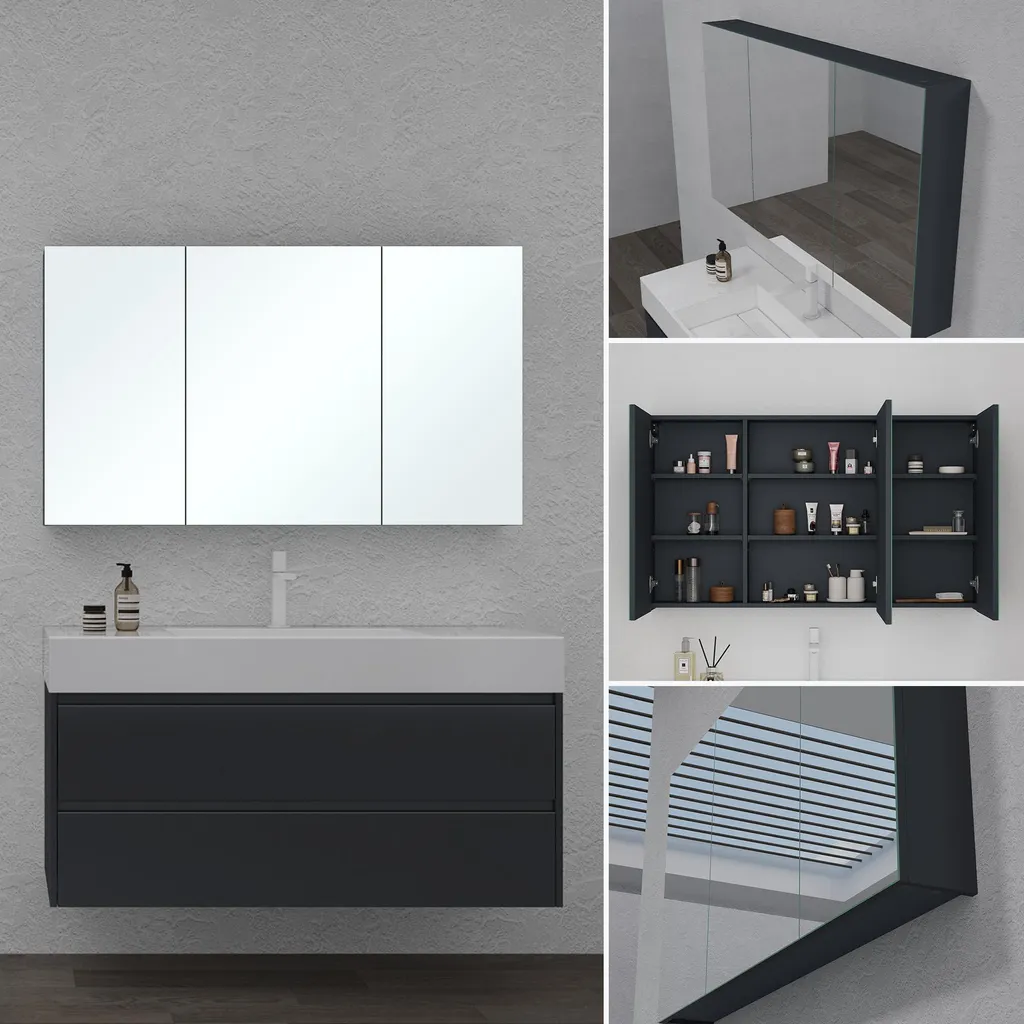 Doporro Armoire de Toilette 100cm Anthracite Mat avec Miroir 3 Portes - 2