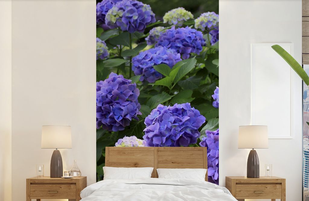 MuchoWow Fototapete für Wohnzimmer oder Schlafzimmer Wandtapete Vinyl Motivtapete Lila Hortensien in einem japanischen Garten - 120x240 cm - Hin...