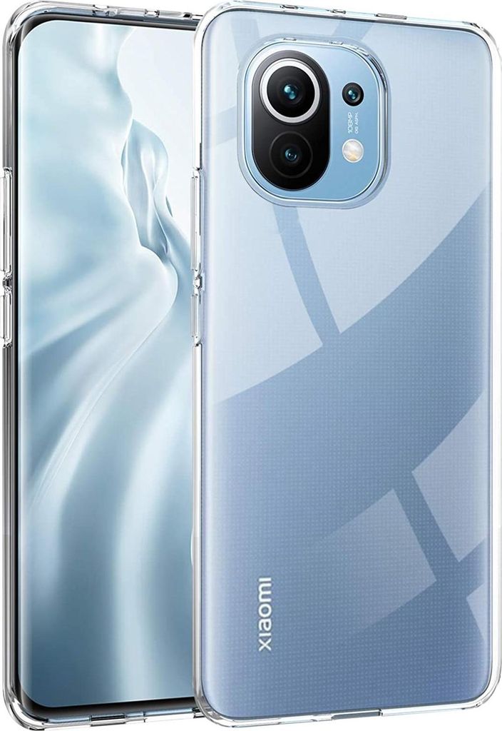 A clear protective case for a smartphone is shown.