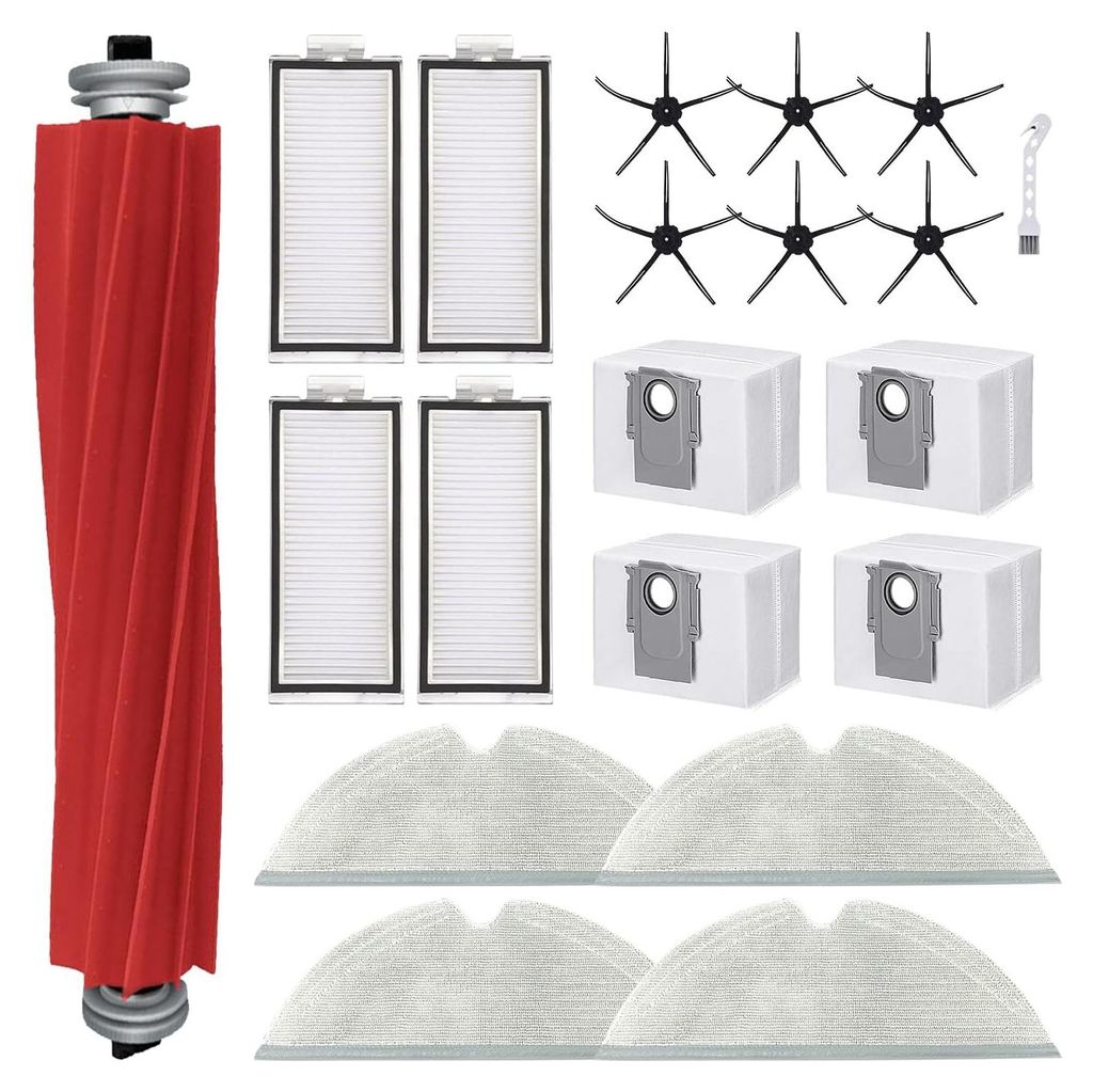 A collection of cleaning accessories for a robot vacuum cleaner, including a main brush, side brushes, filters, mop cloths, and dust bags, arranged on a white background.