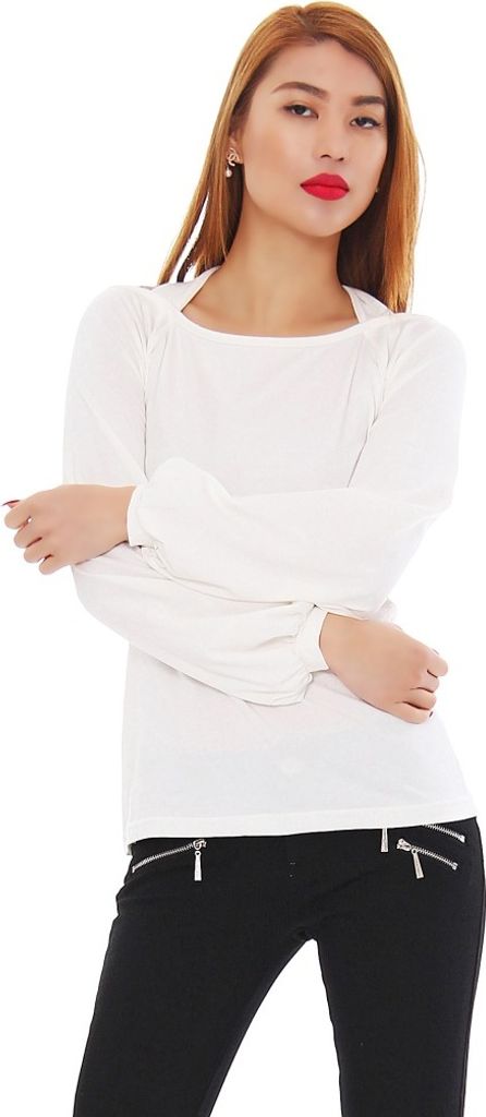 Amel Damen Oberteil Longshirt Langarm Shirt Top Tunika mit Schulter Cut Outs Ausschnitt, Creme XL