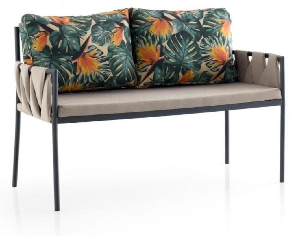 Gartensofa 2er Sofa 2 Sitzer Loungesofa Blättermuster Kissen Gartenmöbel