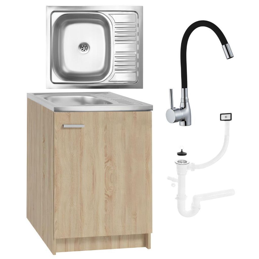 Stamar | Küchenschrank, Sonoma 60 x 50 cm, Waschbecken Deante, Flexible Armatur Schwarzer, Siphon
