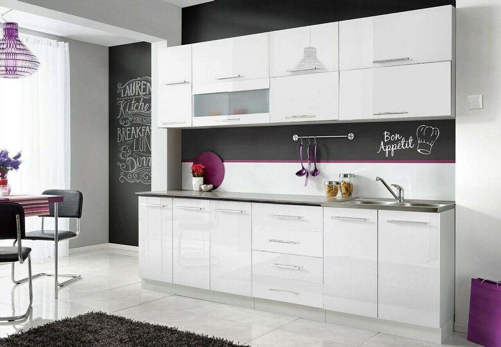 NEU Küche MONI N4 260 cm verschiedene Farbkombinationen Hochglanz erweiterbar Weiss