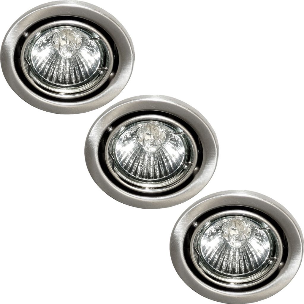 3 x Einbaustrahler verstellbar Eisen gebürstet + 3 x 50W GU10 Halogen Reflektor warmweiß dimmbar