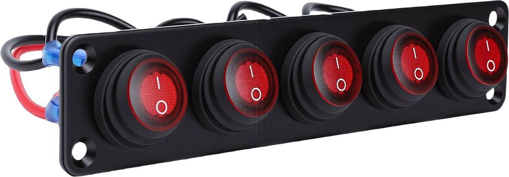 5-fach-Kippschalter-Panel 20A Roter runder Ein-/Aus-Schalter Wasserdichtes Panel aus Aluminiumlegierung für Auto, Boot, Wohnmobil, LKW, Anhänger