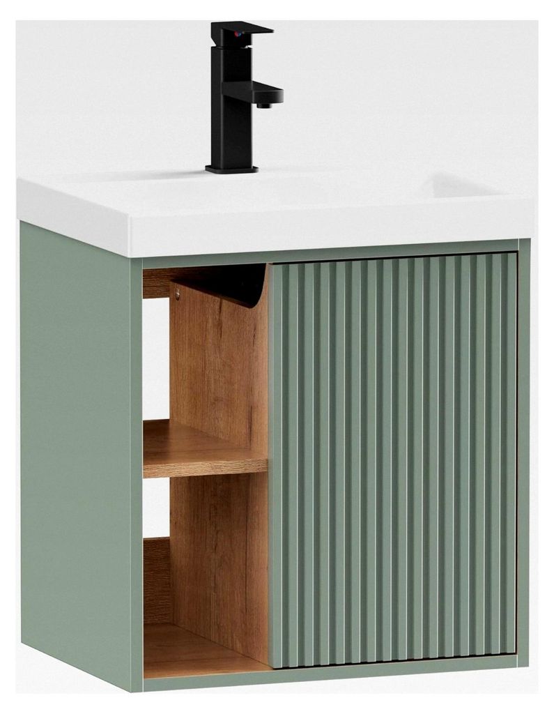 Hängender Waschtisch mit Unterschrank 50 cm für Gäste-WC, Waschbecken mit Wasserhahn, Stauraum im Badmöbel Set in Grün