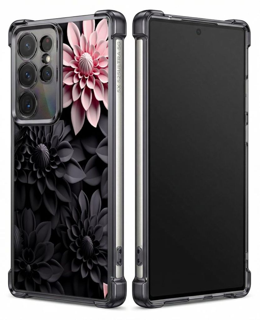 Personalisierte Hülle mit Bild für Samsung Galaxy S22 Elektroplattiert TPU Stoßdämpfer Handyhülle mit Rosa Blumenmuster auf schwarzem Hintergrund