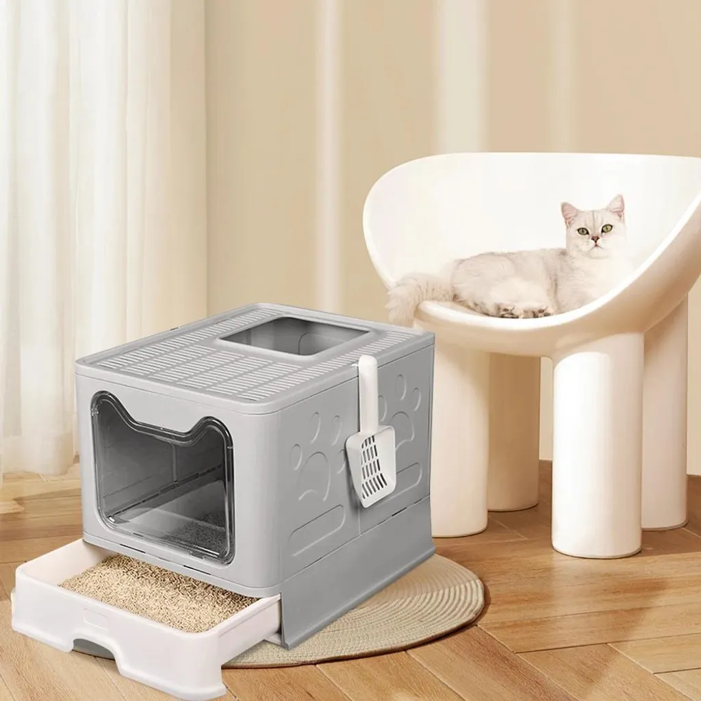 Maison de toilette pour chat avec tiroir de nettoyage et toit amovible