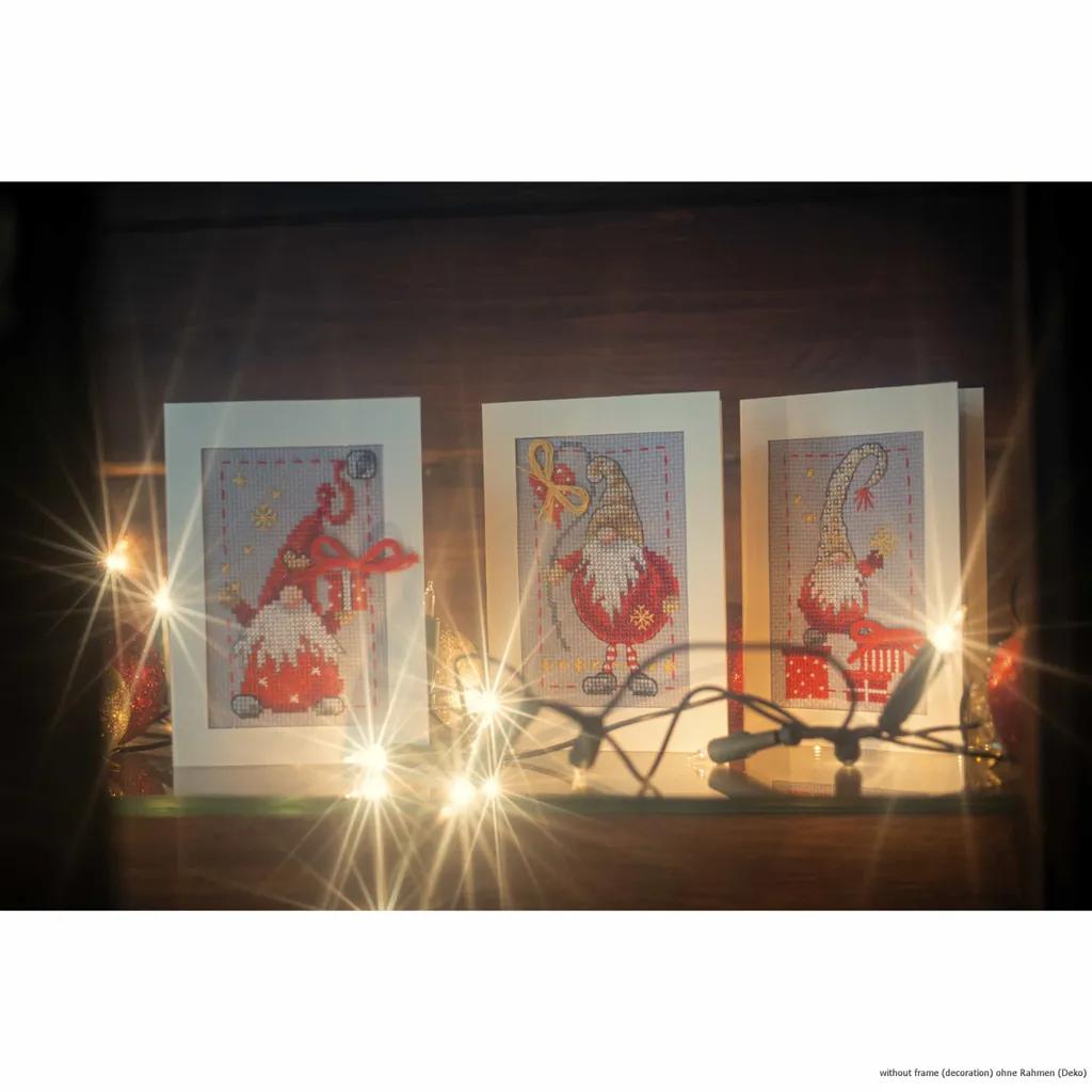 Set 3 Biglietti Natale Gnomi Vervaco - Ricamo Punto Croce Contato - 8