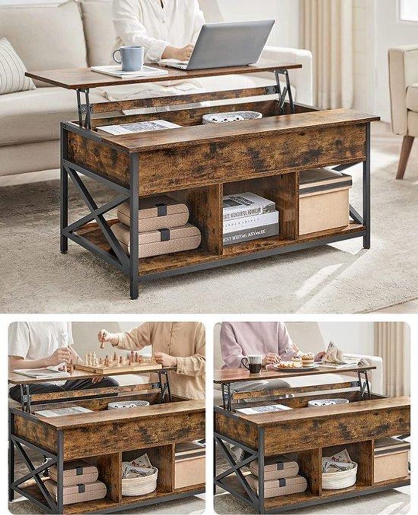 Wohnzimmertisch - Vintage Tisch - Mit versteckter Aufbewahrung - braun-schwarz