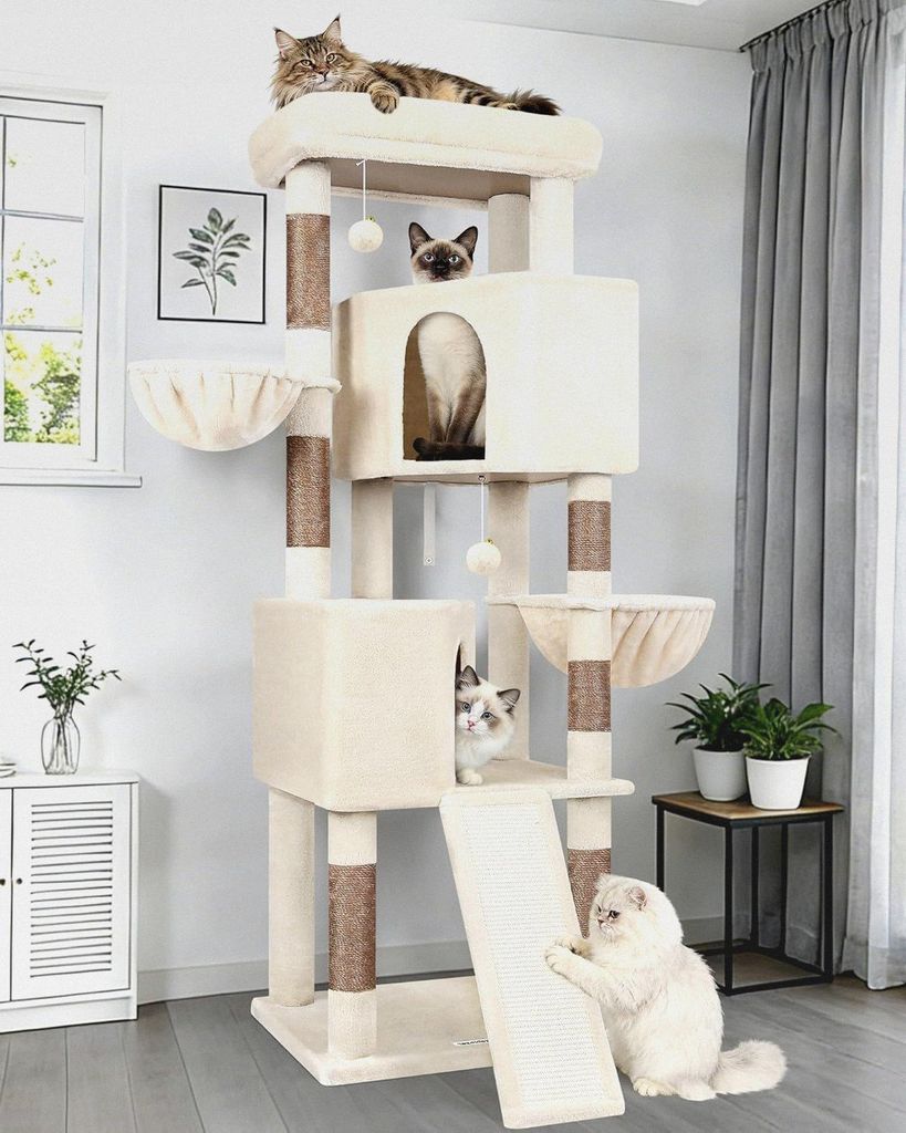 Kratzbaum Beige XL Hoch 177cm mit 2 Großer Katzenhaus, Kratzrampe Sisal, Gepolsterte Plattform, 2 Weich Korb, Katzenbaum Stabil für Erwachsene Ka...
