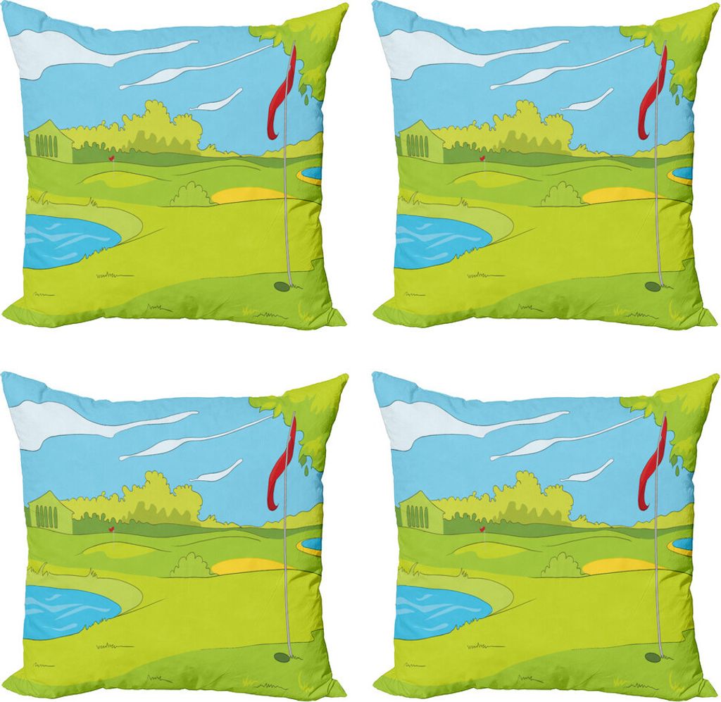 ABAKUHAUS Golfplatz-Szene Kissenbezug Set (4 Stück), Gras und Teich, Moderner Doppelseitiger Digitaldruck, 45 cm x 45 cm, Gelb Grün Himmelblau