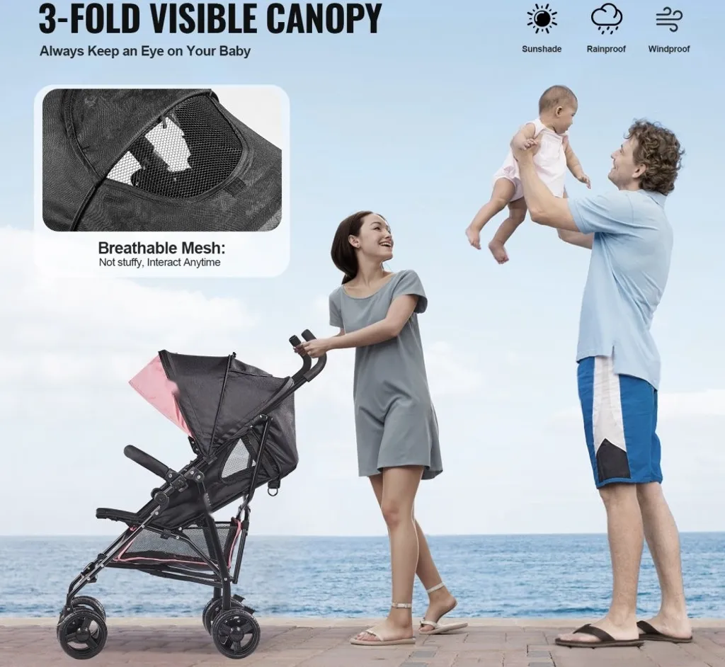 Poussette de voyage dossier réglable Noir et Rose - Modèle Compact Pro - 5