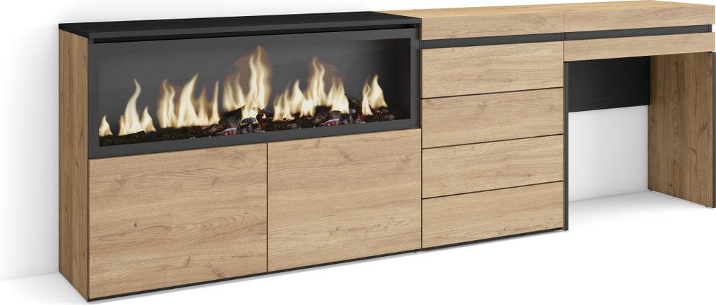 Schminktisch, 234x35x75 cm, mit Schublade, Elektrokamin XXL, Kommode mit Schubladen, Eiche farbe